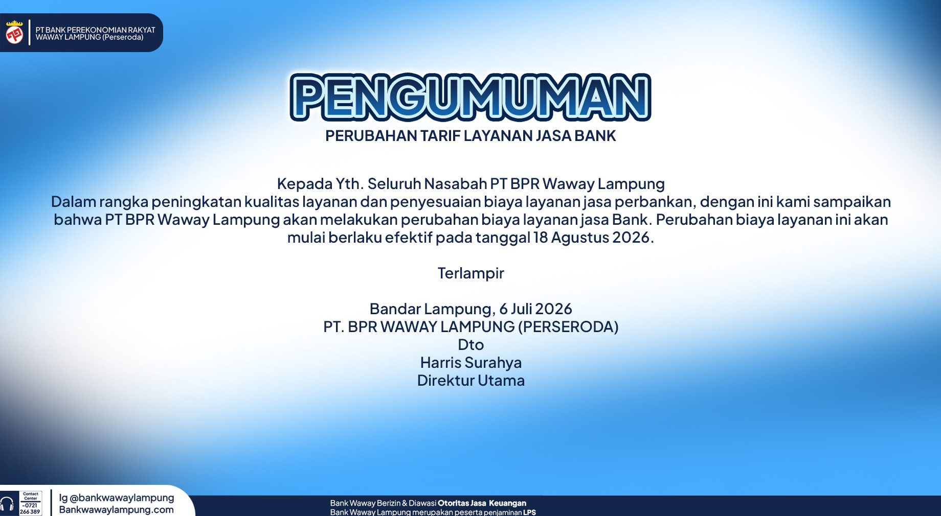 PENGUMUMAN PERUBAHAN TARIF LAYANAN JASA BANK
